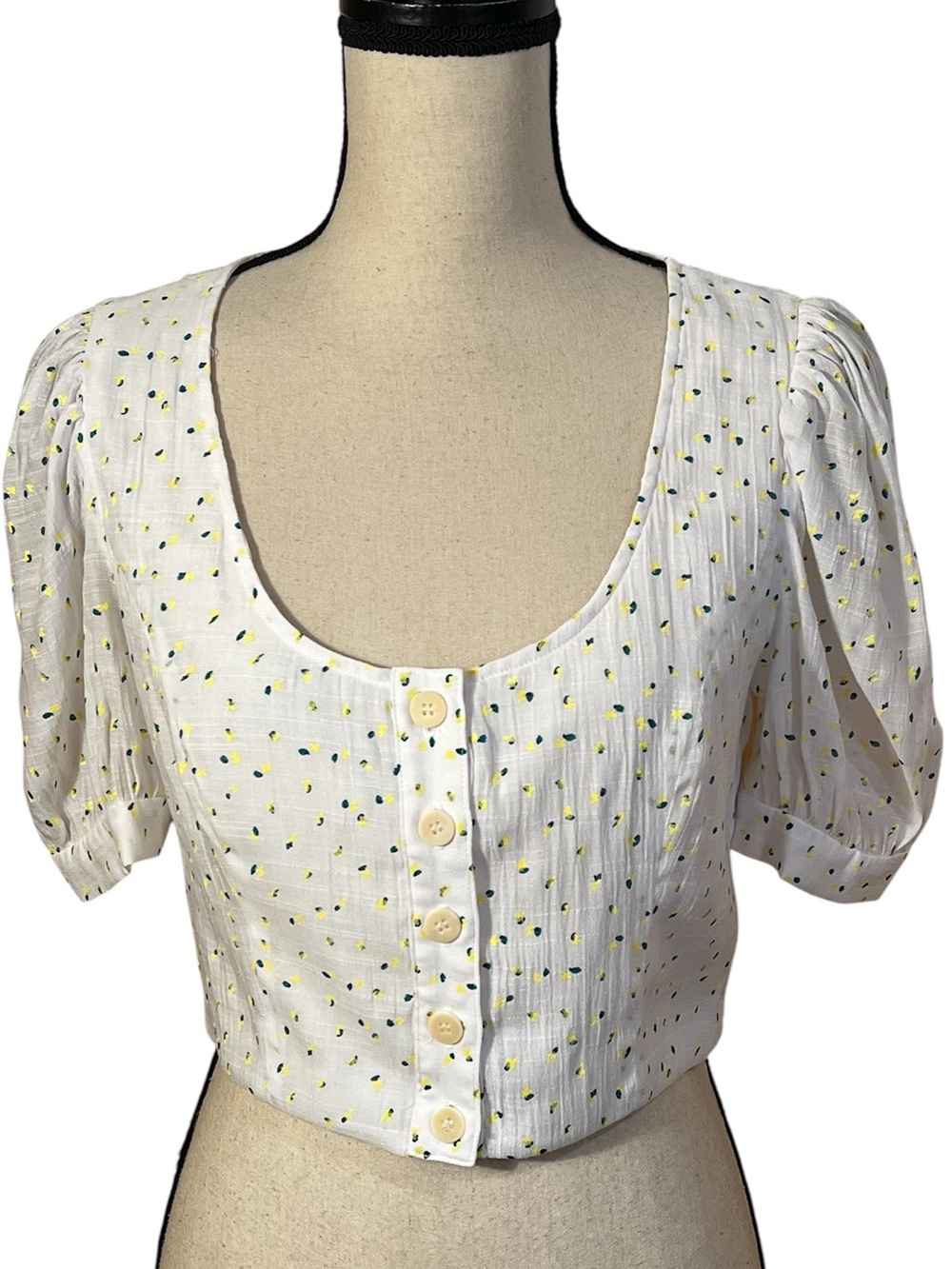 Staud Cropped Button-Front Puff Sleeve Top with Yellow & Blue Dot Print Sz-4